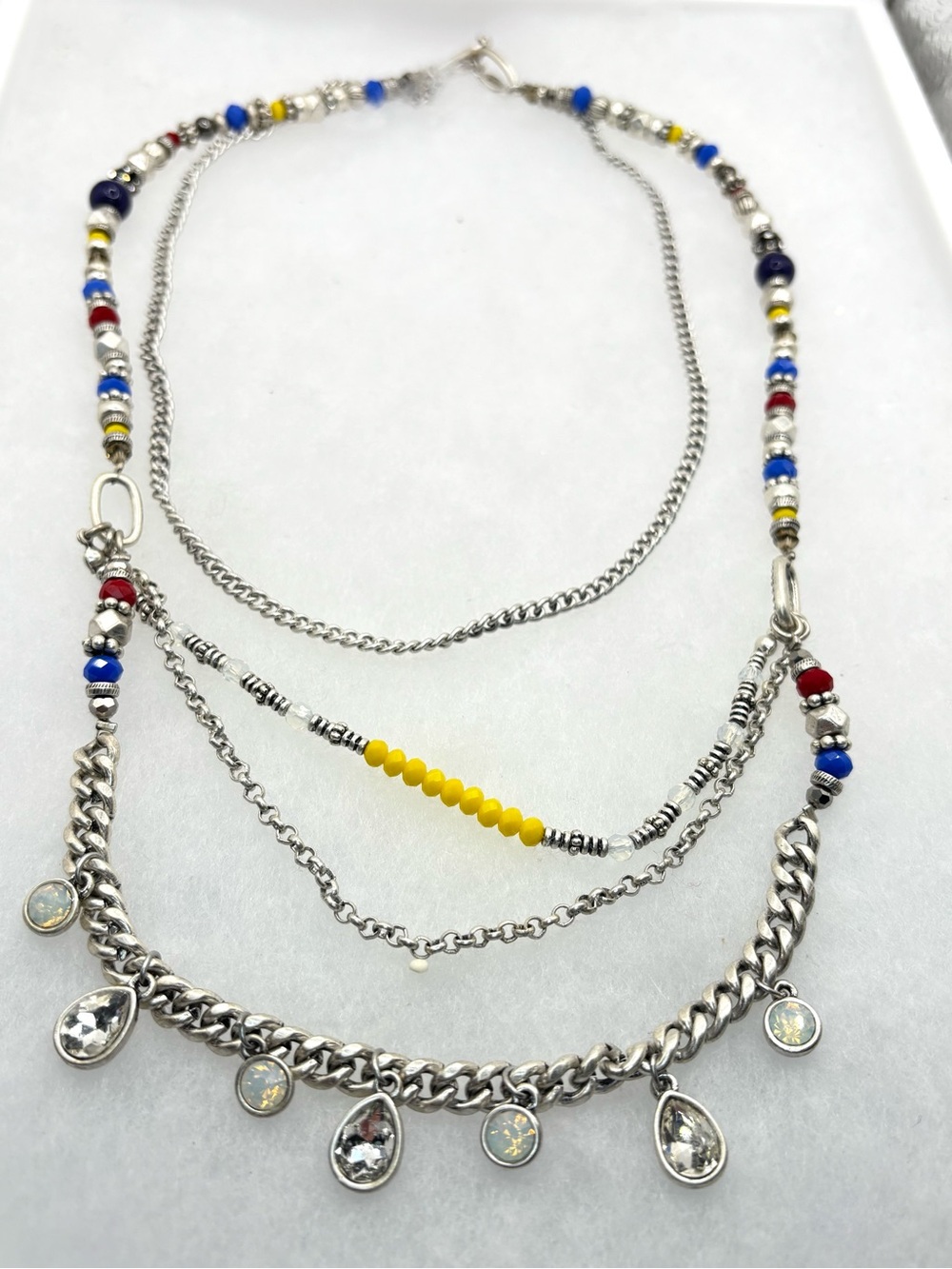 Premier Designs Multi-Strand Silver Necklace with Yellow, Blue & Red Beads